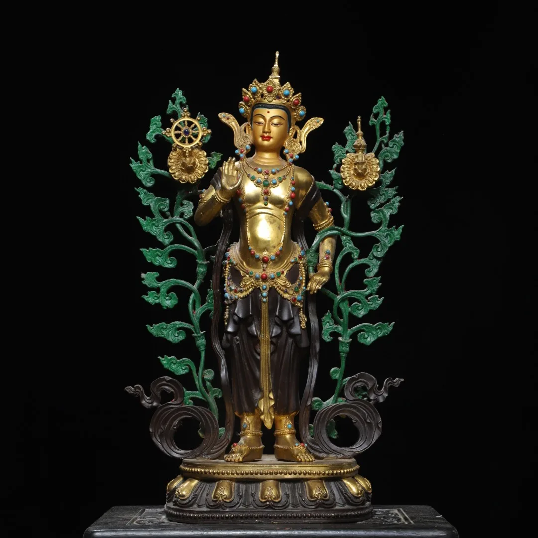 23 Old Bronze Gilded Cinnabar Painted Mosaic Gem Backlight Green Tara Station Buddha Amitabha Buddha Worship Hall Town house