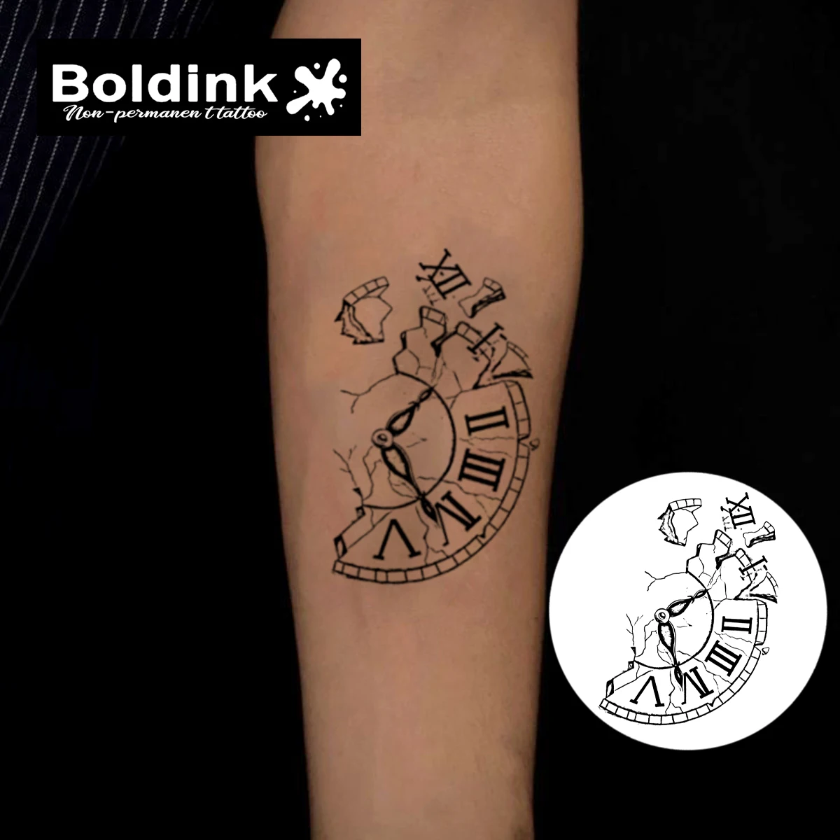 Boldink Shattered Clock Temporary Tattoo,Lasts To 15 Days New