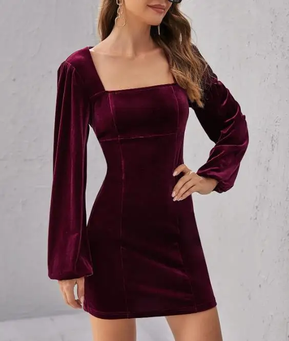 

Spring and Autumn Square Collar Long Sleeve Velvet A-line Dress for Women, backless and waist cinched, slimming short base skirt