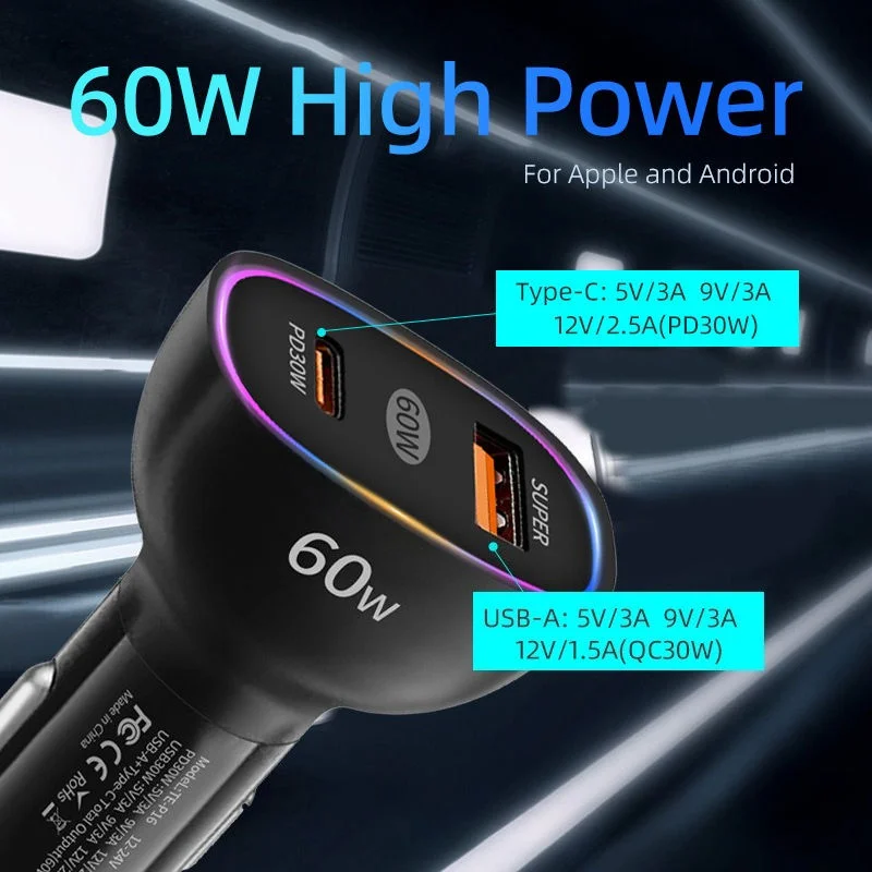 Black 60W Car Charger Dual PD30W+PD30W QC3.0 3A Super Fast Charging Cigarette Lighter Power Adapter Universal Car Phone Charger