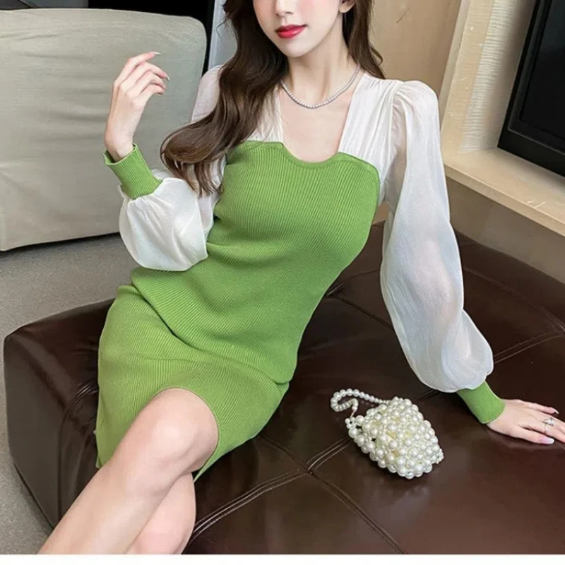 Spring Autumn Women\'s Clothing Lantern Long Sleeve Pullover V-Neck Contrast Color Comfortable Flattering Knee Skirts Dresses