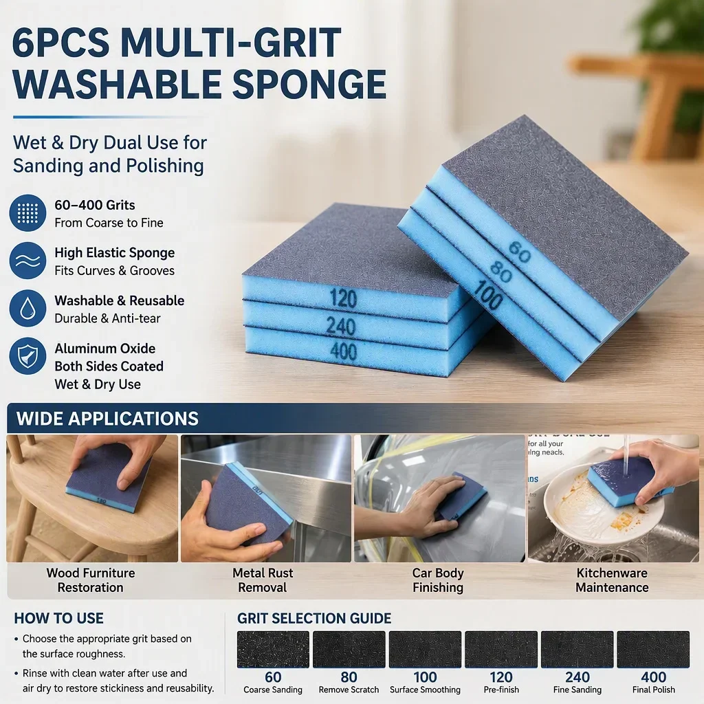 6PCS Sanding Sponge Blocks 60-400 Grit Washable Reusable Wet Dry Sandpaper for Wood Drywall Metal Painting Polishing