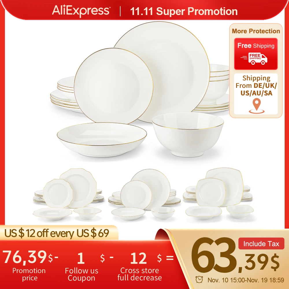 

MALACASA 16/32-PCS Nordic European Golden Rim White Bone China Tableware Set with Bowl,Dinner&Dessert&Soup Plate Set for 4