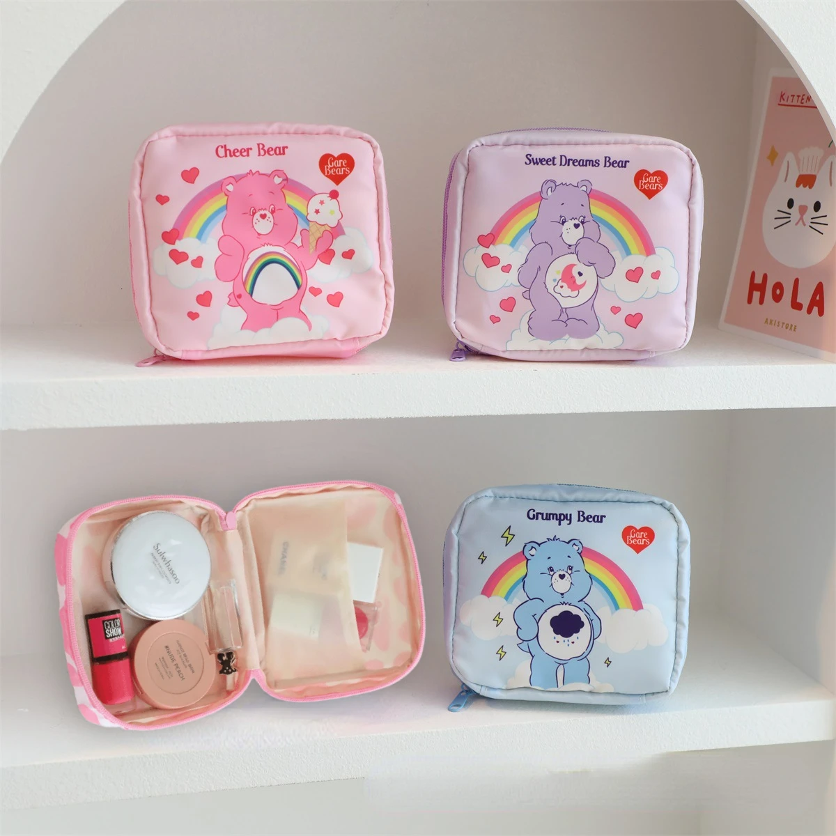 Care Bear Rainbow Bear Cartoon Makeup Bag Girls' Sanitary Napkin Storage Bag Love Bear Print Lipstick Storage Zipper Makeup Bag