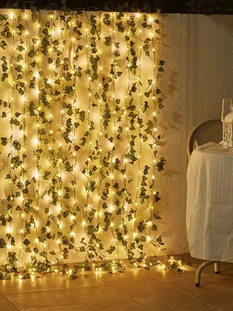 12/10/2m fałszywy zielony liść bluszczu winorośli z diodami LED wystrój sypialni w domu ślub świecące sztuczna roślina girlanda Home Decor — zdjęcie 2
