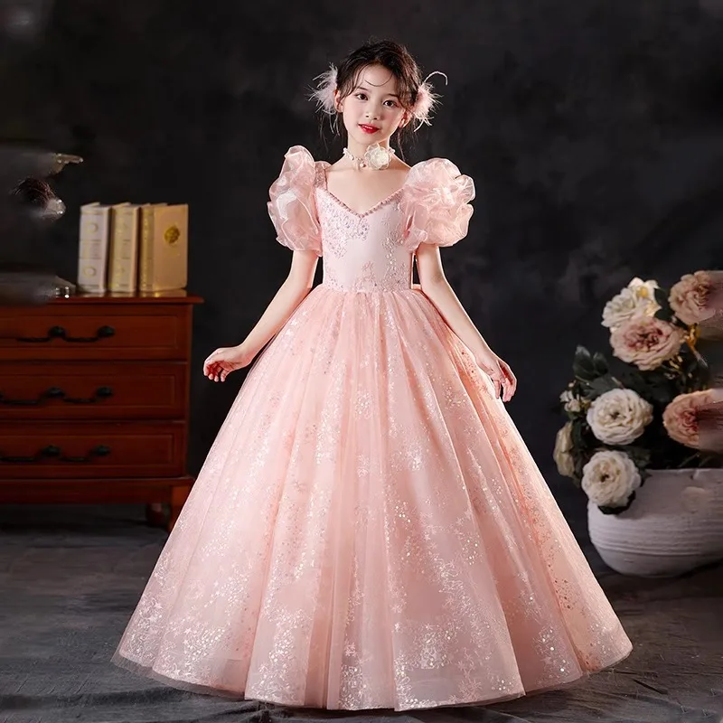 

Flower Girl Wedding Party Dresses Pink New Summer Girls Princess Dress V-Neck Long Prom Gowns Beauty Contest Gown Customized