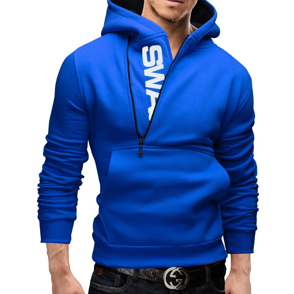 Zipper Print Hooded Sweatshirt for Men Autumn Winter Fashion Casual Sports Tops Male Long Sleeve Solid Color Pullover Streetwear