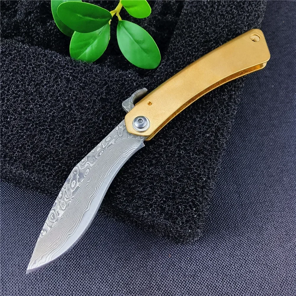 Portable Damascus steel blade brass handle outdoor tactical survival Hunting multi-purpose camping EDC folding knife