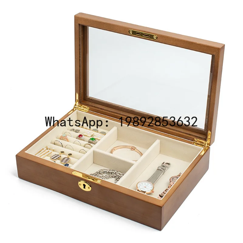 

Hz wooden jewelry box with lock, solid wood transparent lid, jewelry storage box, jewelry organizer, glass lid