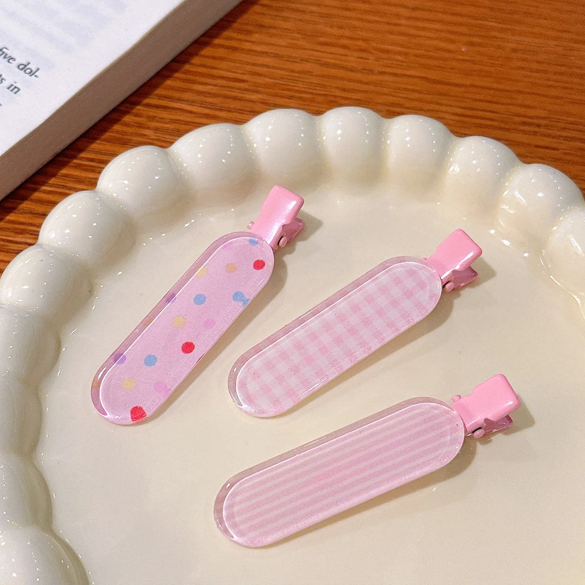 3個/スイートゼリーストライプチェックスターリボンヘアクリップ、ガーリッシュハート前髪、ショートヘアクリップ、メイクアップヘアクリップ、ヘアアクセサリー