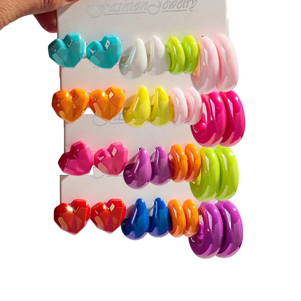 

4pair/set Colorful Acrylic Waterdrop Heart Stud Earrings for Women Statement Irregular Circle Geometric Earring New Jewelry Gift