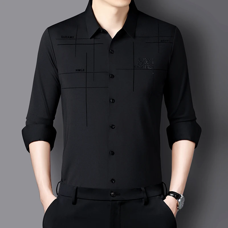 High Elastic Quality Men\'s Long Sleeved Shirt New Spring Autumn Styles Slim Fit Shirts Business Casual No-iron Anti-wrinkle Tops