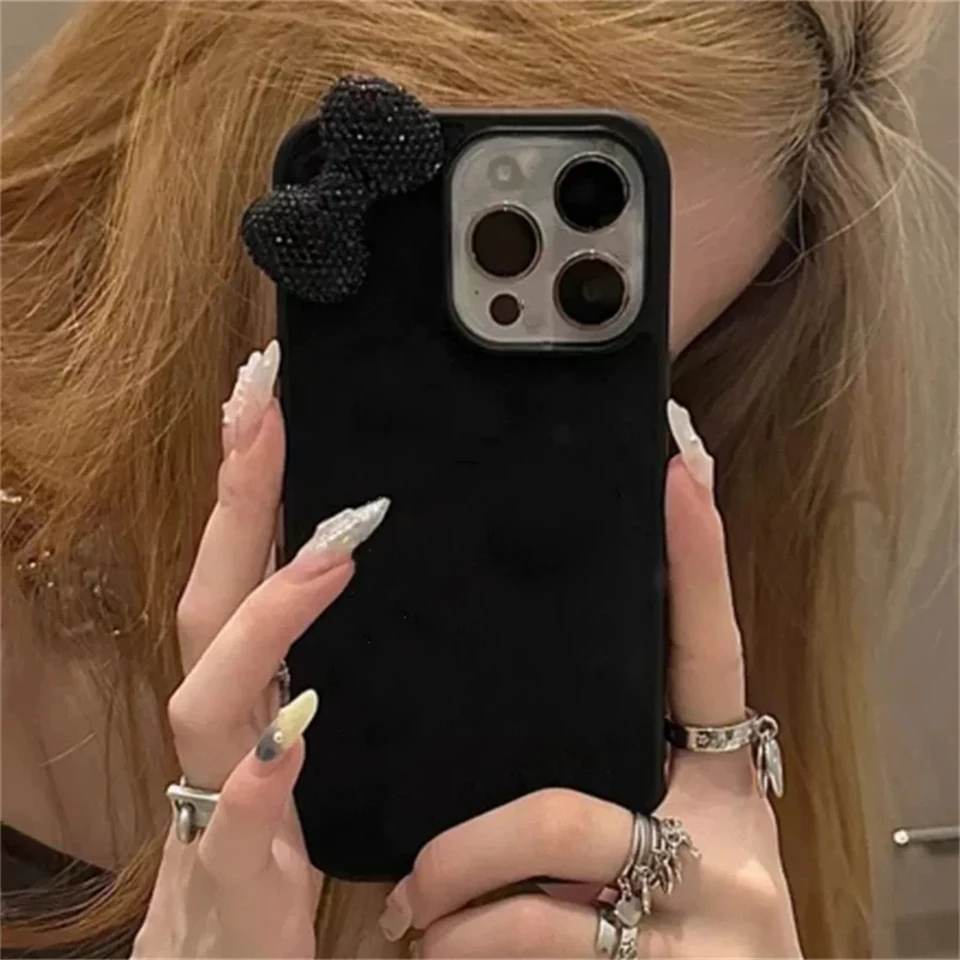 Funda brillante con lazo 3D y diamantes para iPhone 16 15 13 12 11 Pro Max 15 Plus 13 Mini X XR XS 7 8 SE2, estilo coreano, suave y linda 4