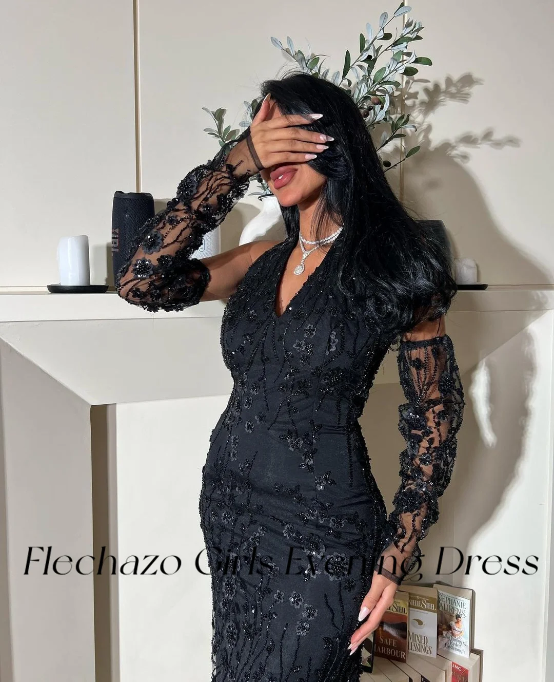 Flechazo Black Evening Dresses Halter Neck Flower Bead Gloves Ankle-Length Formal Party Dress For Women 2024 vestidos de gala