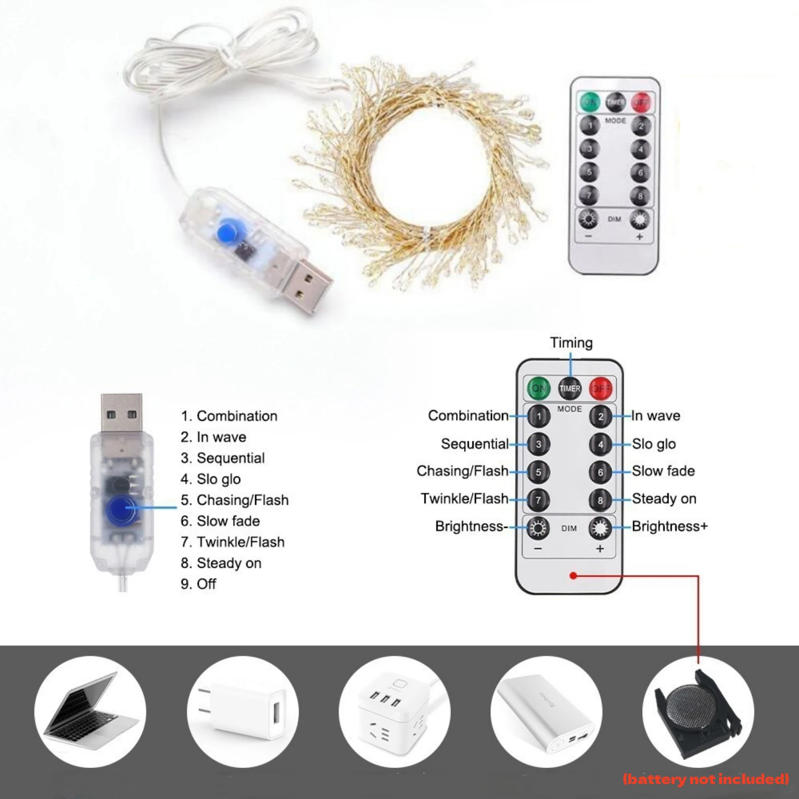 USB Led String Lights Outdoor Garden Firecracker Fairy Lights Remote Kit 8 Modes Copper Wire for Wedding Christmas Decoration