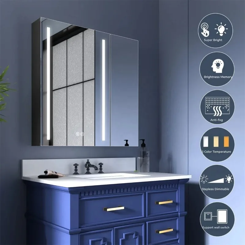 Bathroom Furniture Stainless Steel anti-fog LED light Bathroom Vanities led cabinet mirror Mirror Cabinet