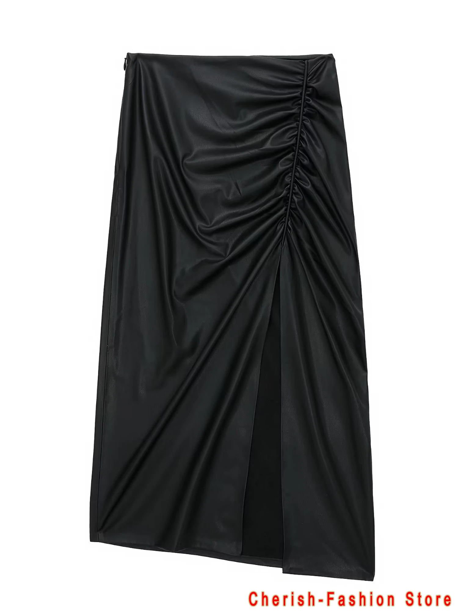 Vintage Women Faux Leather Pleated Solid Skirt 2023 Spring High Waist Tight Side Split Skirts Zipper Slim Female Bottoms Black