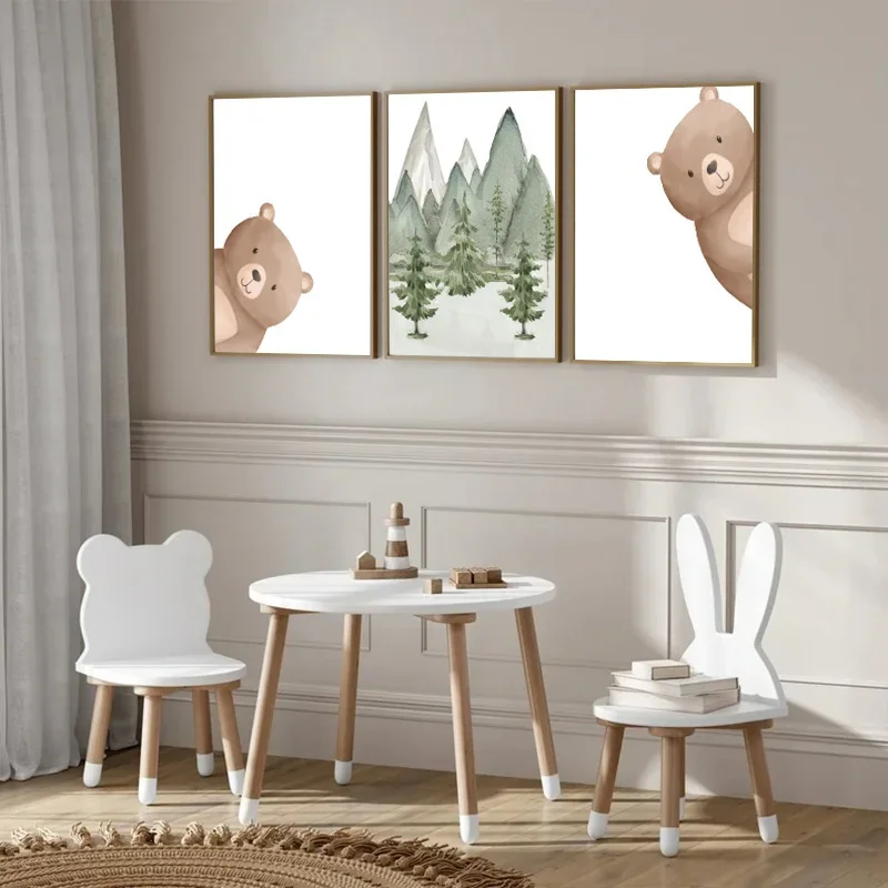 Forest Peeking Bear Print Posters Children Cute Cartoon Animal Canvas Painting Baby Bedroom Nursery Wall Art Decoration Pictures