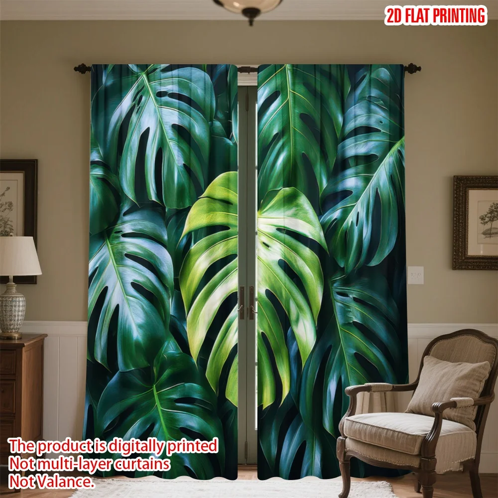 

2D flat printing 2pcs Party Curtains Tropical Green Leaves Digital Printed Polyester Drapes Festive Holiday Use for New Year