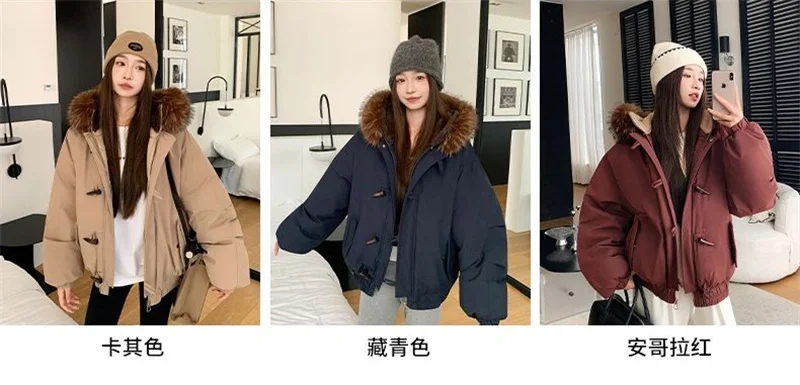 Warm Down jacket Ladies Pai Overcome Winter 2026 New Cotton Padded Coat Women Parkas Horn Hooded Outcoat Big fur collar Overcoat
