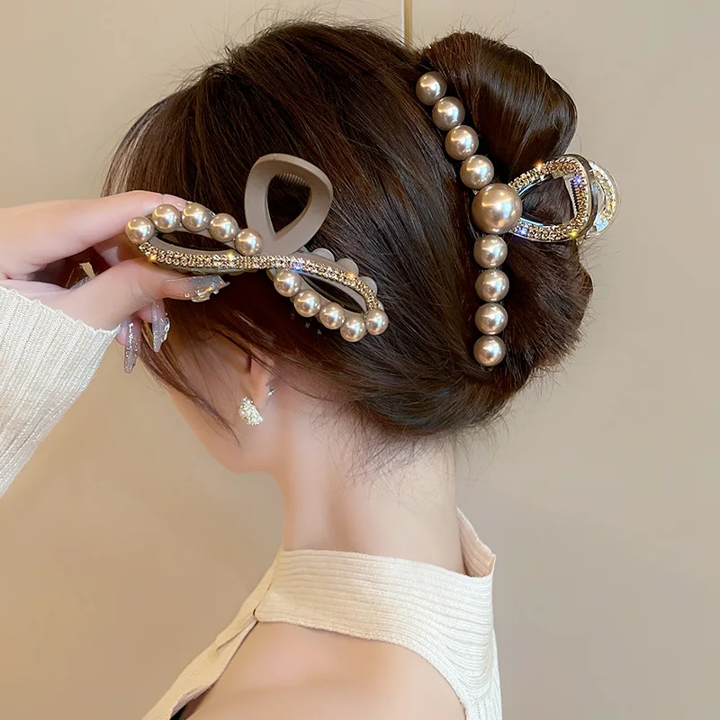 Champagne Color High-end Imitation Pearl Rhinestone Large Fashionable Girl\'s Back Hair Clip