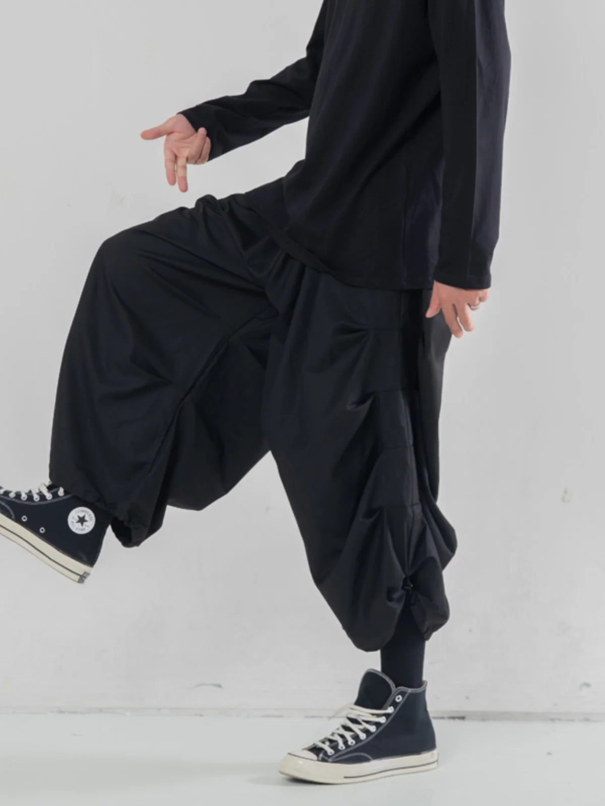 

Yamamoto Style Wide-Leg Pants Men's Drawstring Ruffle Design Casual Dark Large Size Cropped Harem Fashion