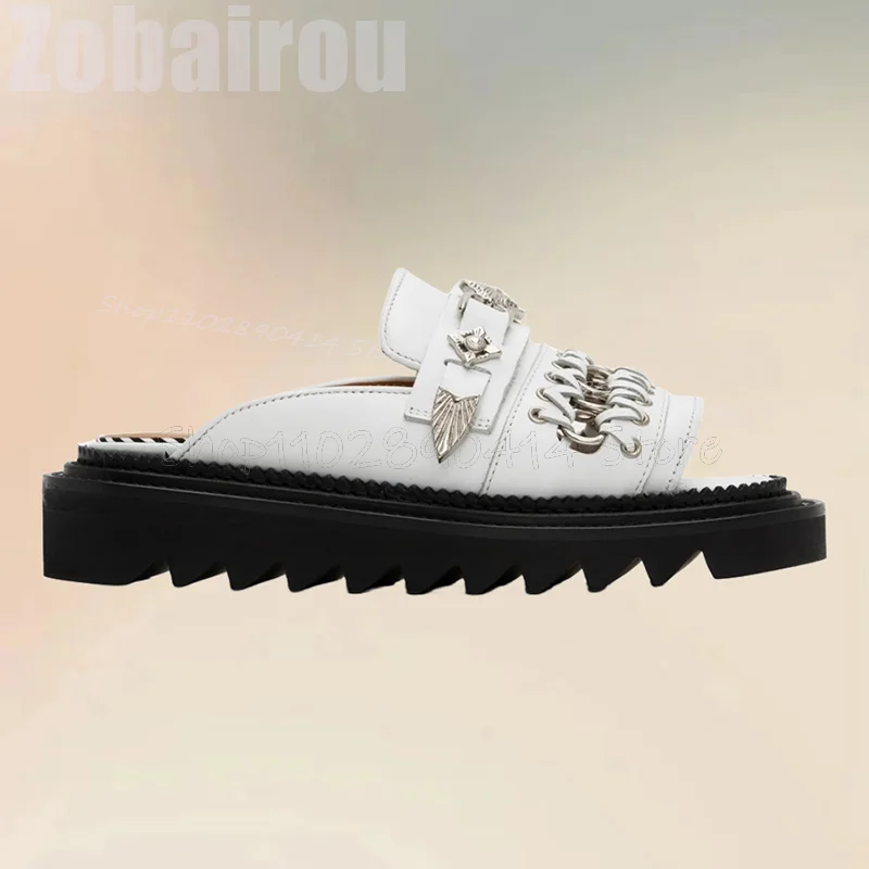 Metal Decor Black Knitted Design Open Toe Slippers Fashion Slip On Men Shoes Luxurious Handmade Party Banquet Men Casual Shoes