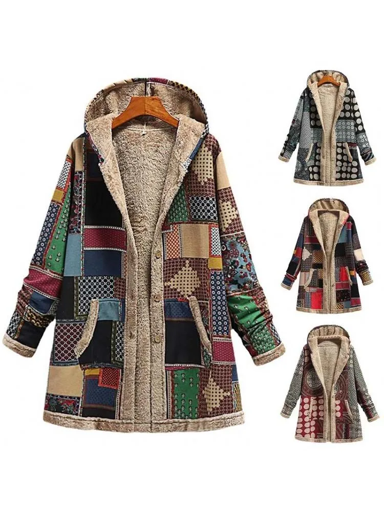 Vintage Printed Hooded Cotton Jacket Thickened Warm Women's Pocket Hoodie Large Size Long Coat Splicing Style Autumn and Winter