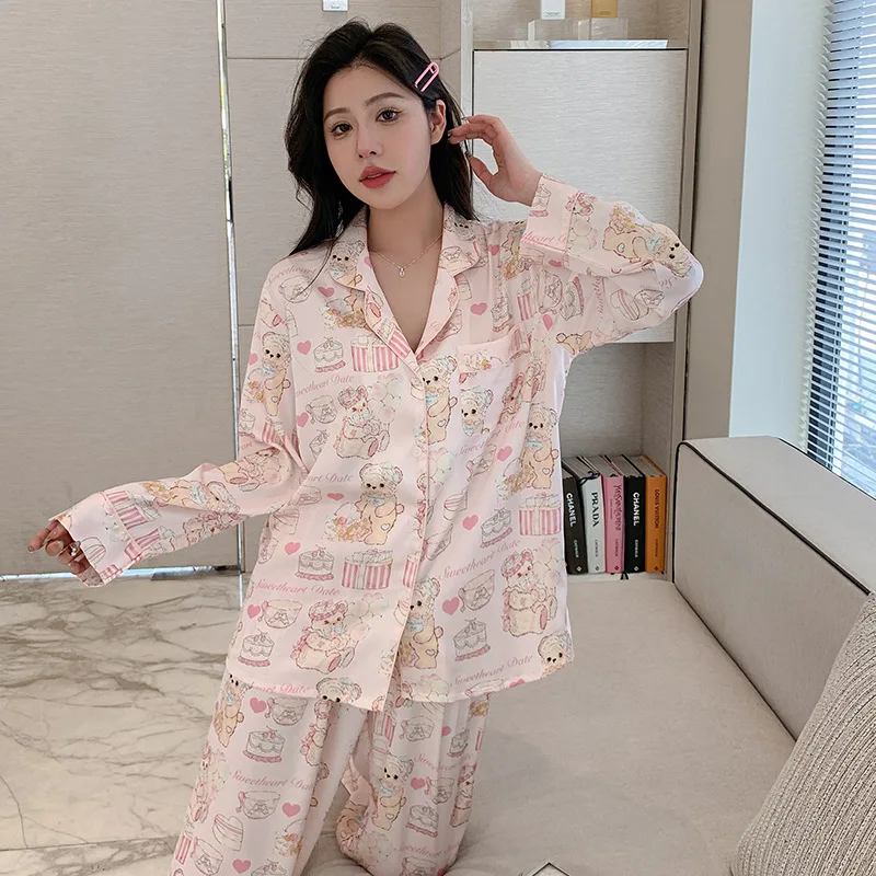 

Pajama Pants Set Long Pants Long Sleeve Autumn Loose Large Size Women's Clothing Homewear Button Printed Casual Comfortablee