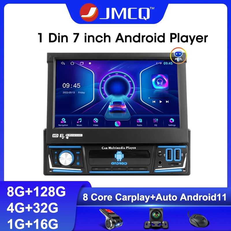 

JMCQ 1din 7" Universal Android 11 Car Radio GPS Navigation IPS Retractable Screen Multimedia Player 4G Carplay Stereo autoradio