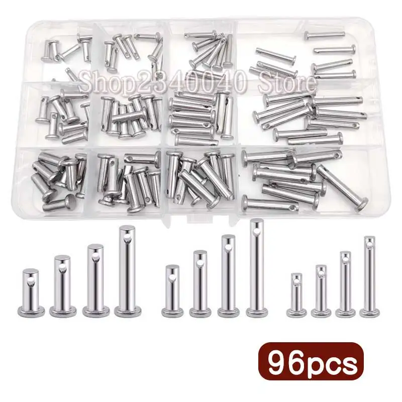 

96pcs 304 Stainless Steel Shaft Flat Head With Hole Pin 12 Sizes Bolt Pin Cylindrical Pins M3 M4 M5 Fastener Pins Assortment Kit