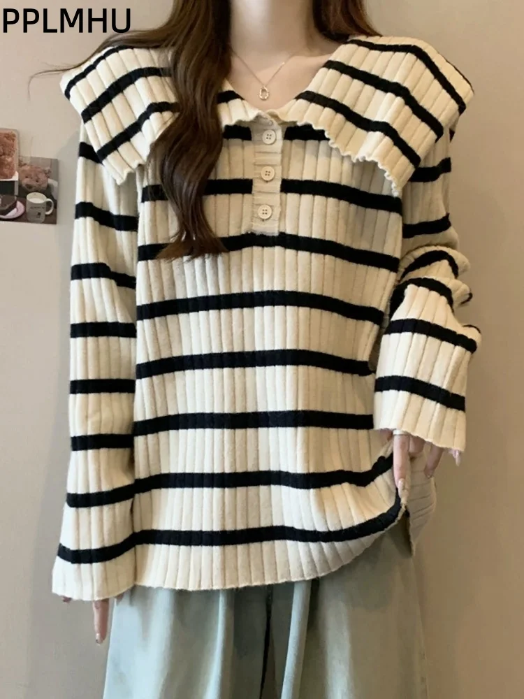 

Вязаный свитер с воротником Питера Пэна, женский повседневный мешковатый трикотаж в полоску, пуловеры, модные мягкие джемперы с лацканами Sueter