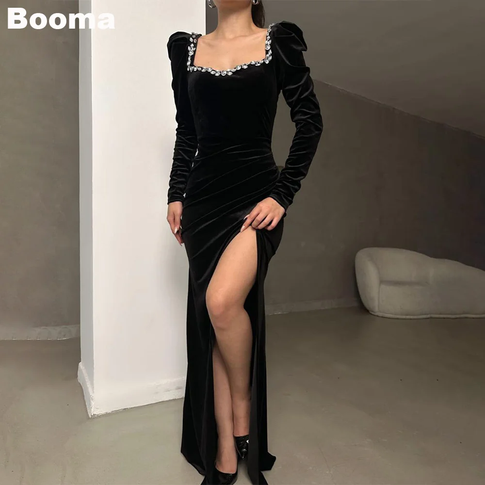 

Booma Black Velvet Mermaid Evening Dresses Square Collar Crystal Formal Party Gowns for Women Long Sleeves Prom Dress with Slit