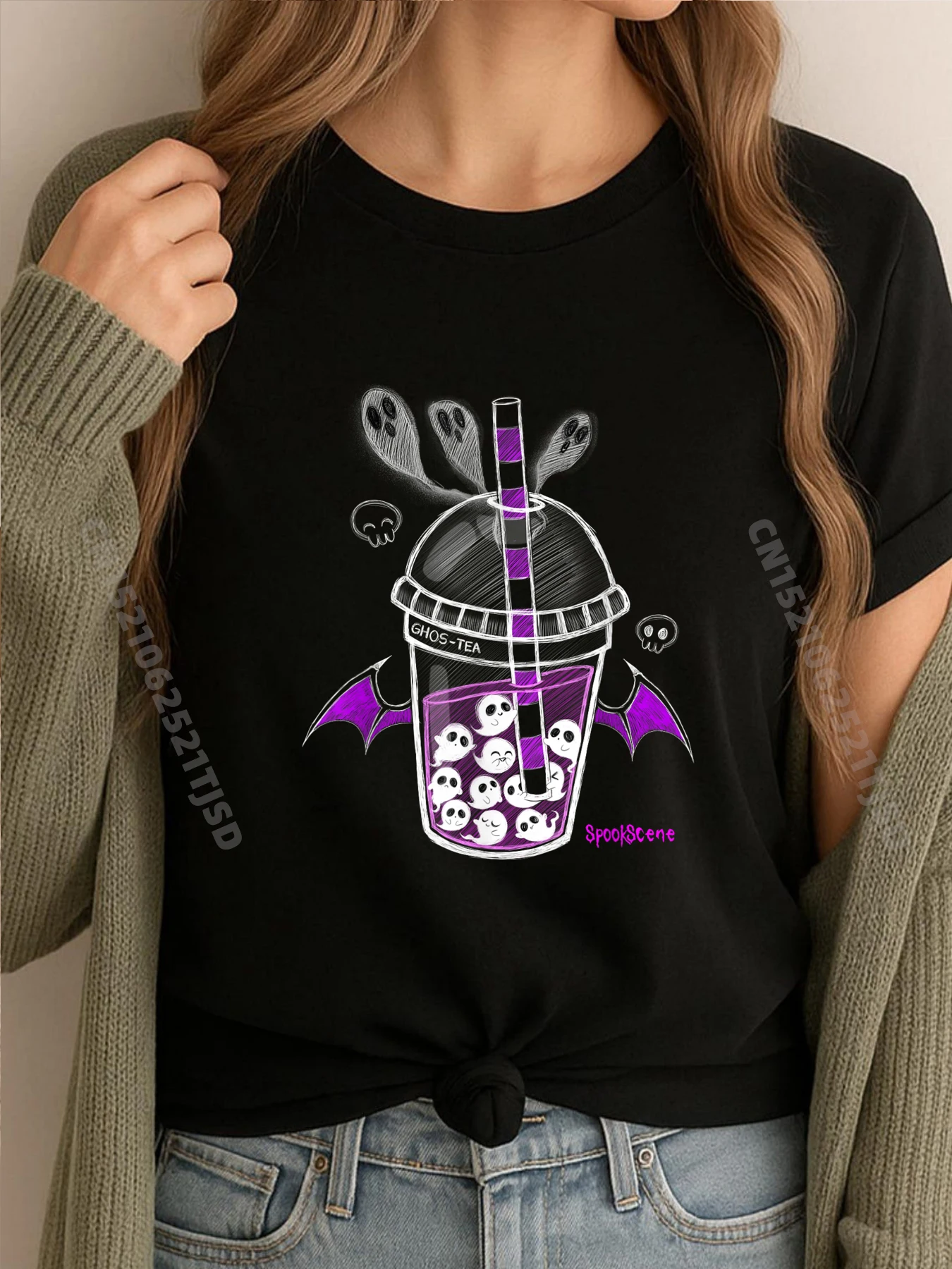 

Spookscene Ghos Tea Spooky Boba Emo Goth Альтернативная фиолетовая белая футболка женская футболка с принтом ретро стираные топы футболки