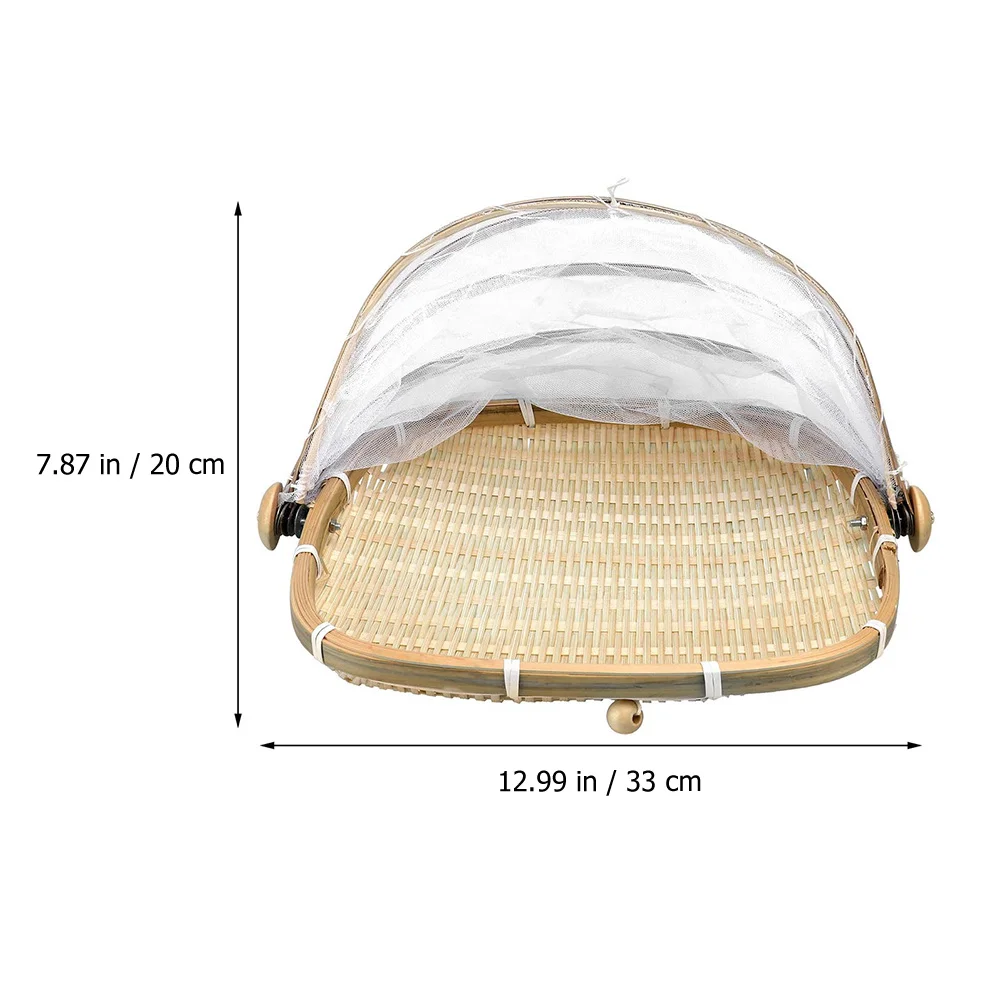 

Bamboo Woven Basket With Mesh Food Cover Picnic Storage Basket Bread Fruit Vegetable Container Household Sieve Tray Carrying