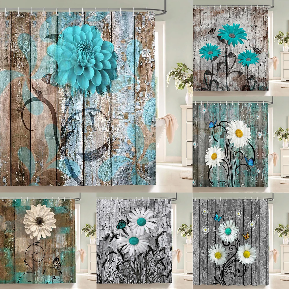 

1 pc blue rose patterned polyester material shower curtain waterproof fabric, flowers print bathroom curtain partition curtain