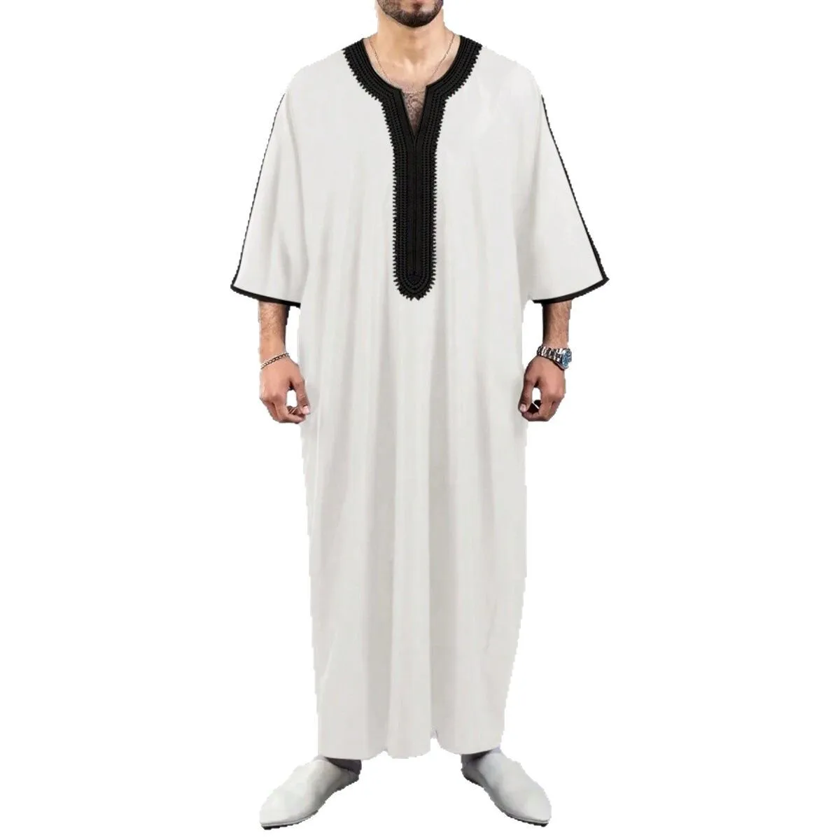 2025 Nuovo Musulmano Manica Corta Ricamato A Righe Marocchino Arabo Stile Etnico Abito da Uomo Ramadan Dubai Lusso Islam Elegante