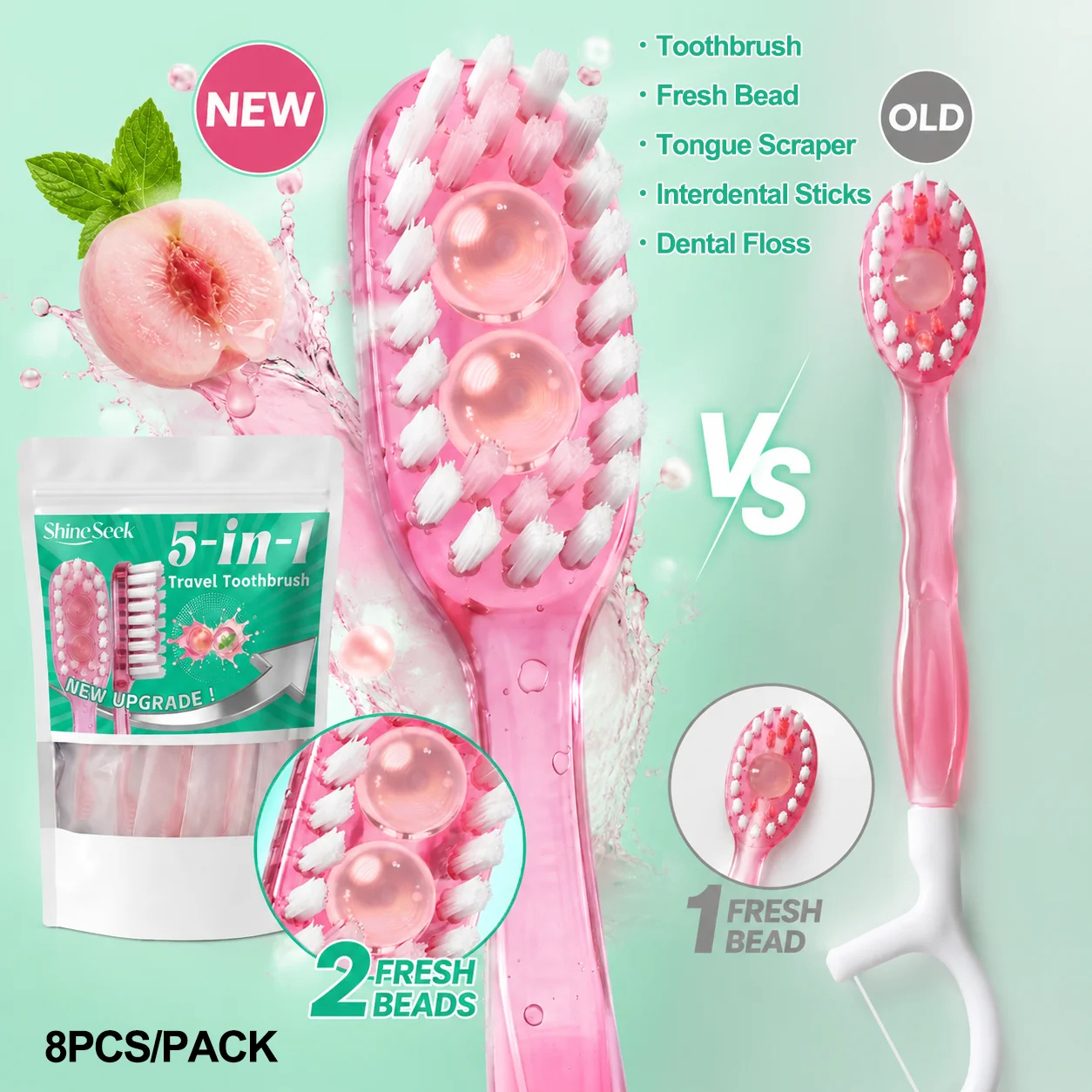Newly Upgraded Dual-Effect Freshening Beads 8Pcs/Pack, Multifunctional 5-in-1 Cleaning Toothbrush, Peach Mint Flavor, Includes Two Freshening Beads + Toothbrush + Dental Floss + Interdental Cleaning Stick + Tongue Scraper, Five Major Features, Convenient and Soft, Soft Bristle Design, Teeth and Gum Care | Travel Essentials | Individually Packaged | Soft | Mint Peach Flavor | Travel Toothbrushes Are the Best Choice for Smart Families!