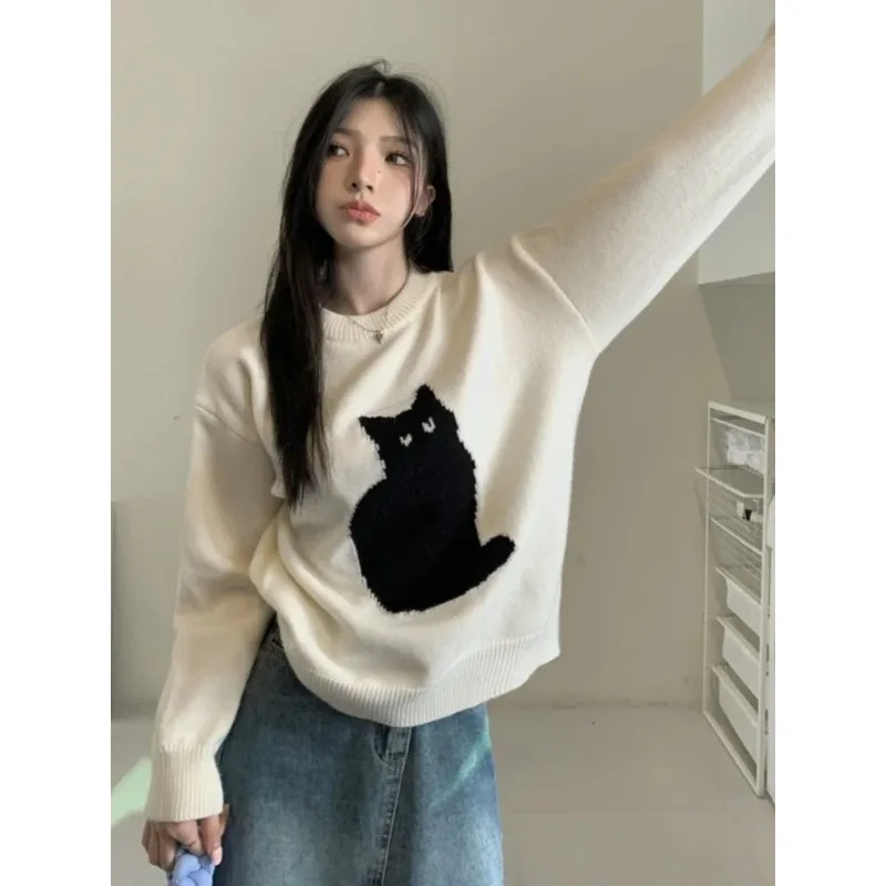 Sweet Sweater Pullover Women Cartoon Cat Pullover Autumn Winter Outwear Loose Vintage Knitted Tops Female Fashion