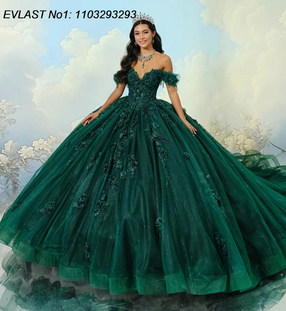 

EVLAST индивидуальное блестящее темно-зеленое бальное платье Quinceanera платье с цветочной аппликацией и бисером Sweet 16, Vestidos De 15 Anos E1QN280