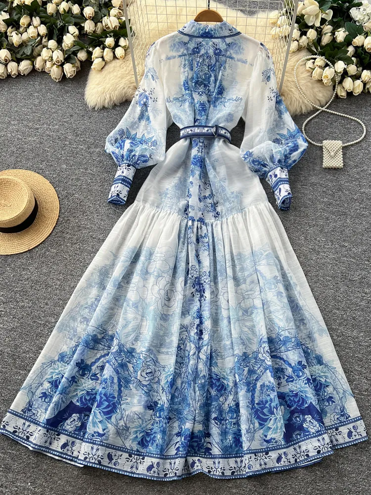 blue porcelain print dress SILK-LINEN PORCELAIN PRINT PATCHWORK DRESS S