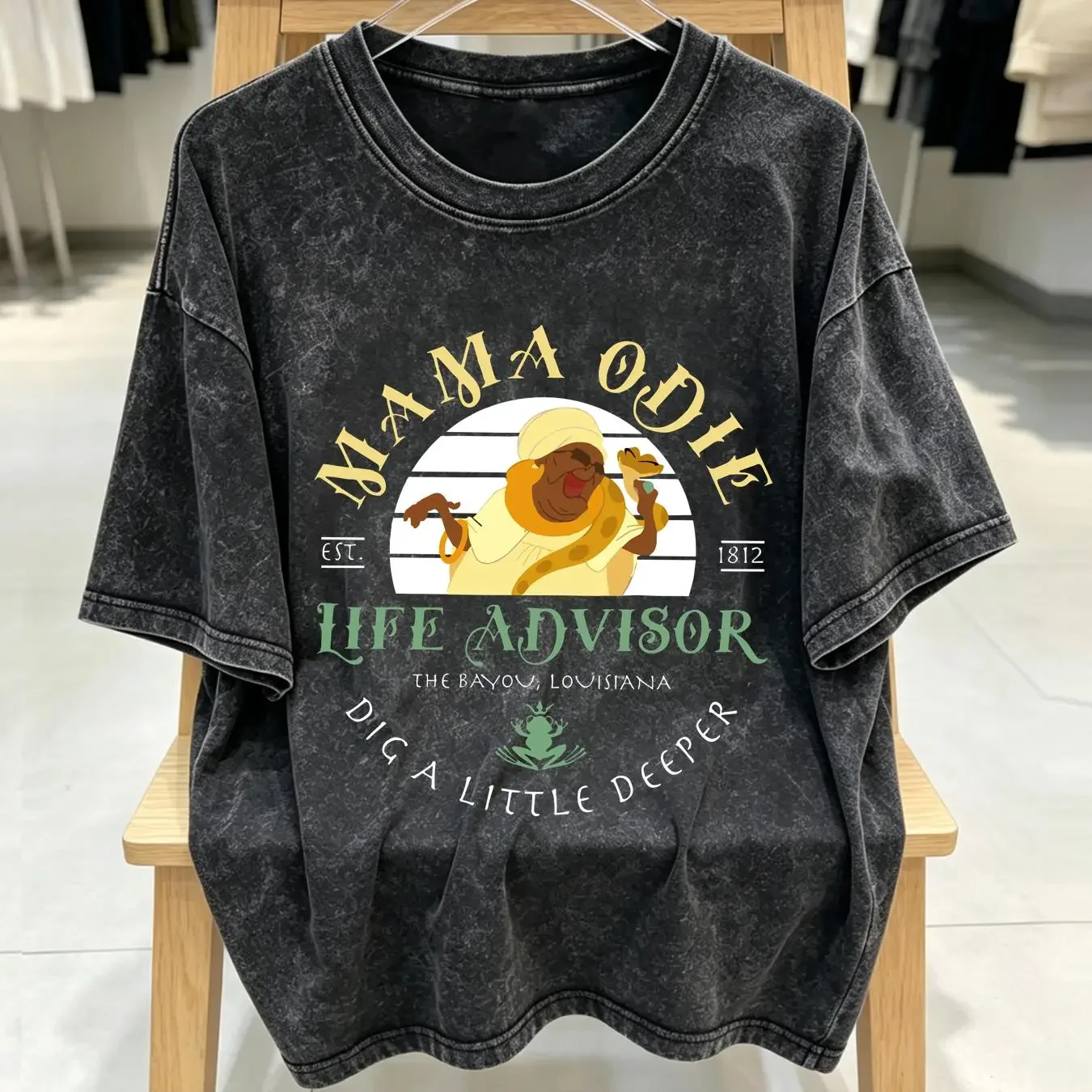 washed T Shirt Mama Odie Princess and the Frog E8011 long or short sleeves vintage Washed Casual streetwear graphic