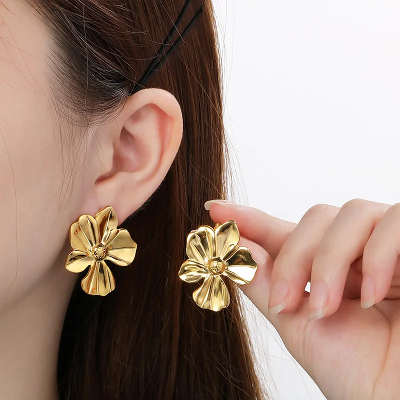 French Large Flower Stud Earrings for Women Stainless Steel Petals Earring Women's Wedding Drop Ear Jewelry Engagement Gifts