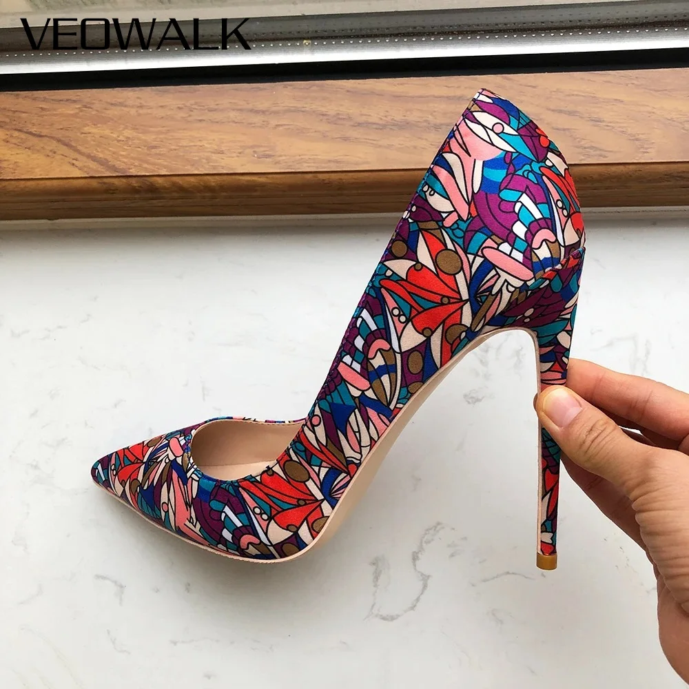 NEW Sexy Vibrant Abstract-Print Stiletto Heels Women Satin 12cm Pointy Toe High Heels Elevating Style with Colorful Dress Shoes