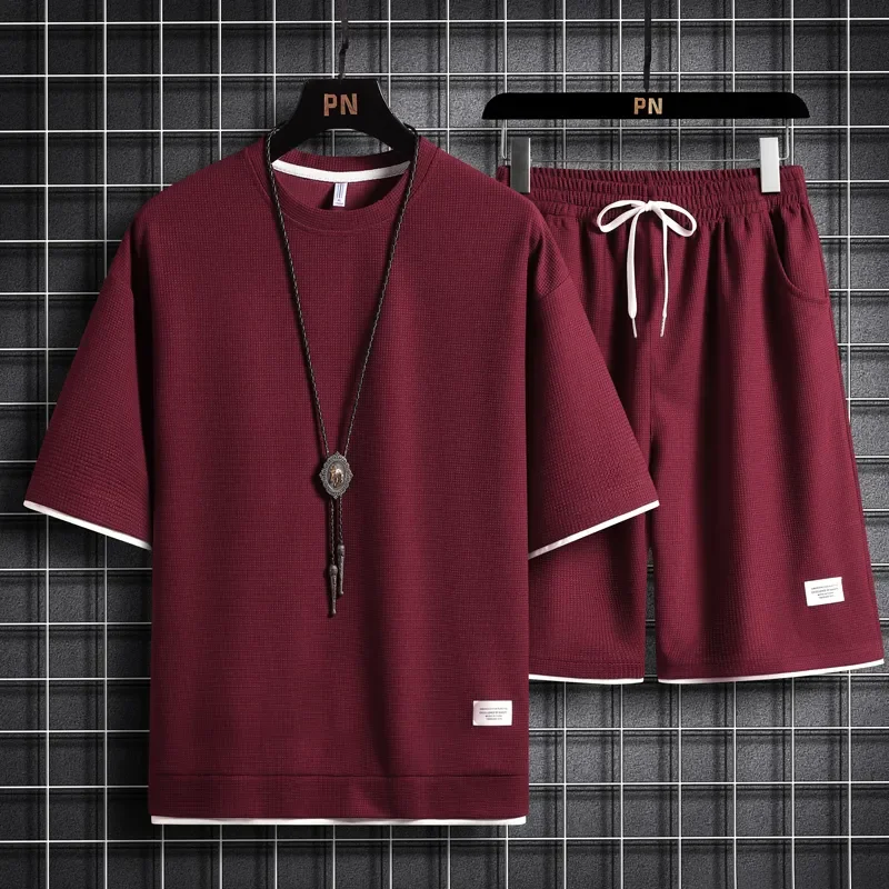 

Men's Waffle Knit 2 Piece Set Summer Casual Short Sleeve T Shirt and Shorts