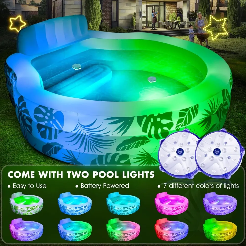 Inflatable Pool with Pool Lights, 2024 Oversized Thickened Blow Up Pool with Seat, Family Lounge