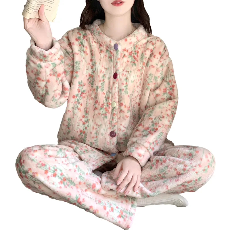 Conjunto de pijama con cárdigan para mujer, ropa de dormir cálida de manga larga con forro polar, ropa de dormir cómoda y acogedora para el hogar, novedad de otoño