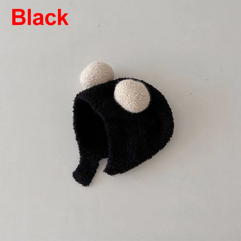 Niedliche Winter-Warme Kinder-Mützen für Mädchen und Jungen, Fleece-Wollmützen mit Bommel, Einfarbige Wollmützen mit Ohrenschutz, Weiche Neugeborenen-Mütze – Detail 8
