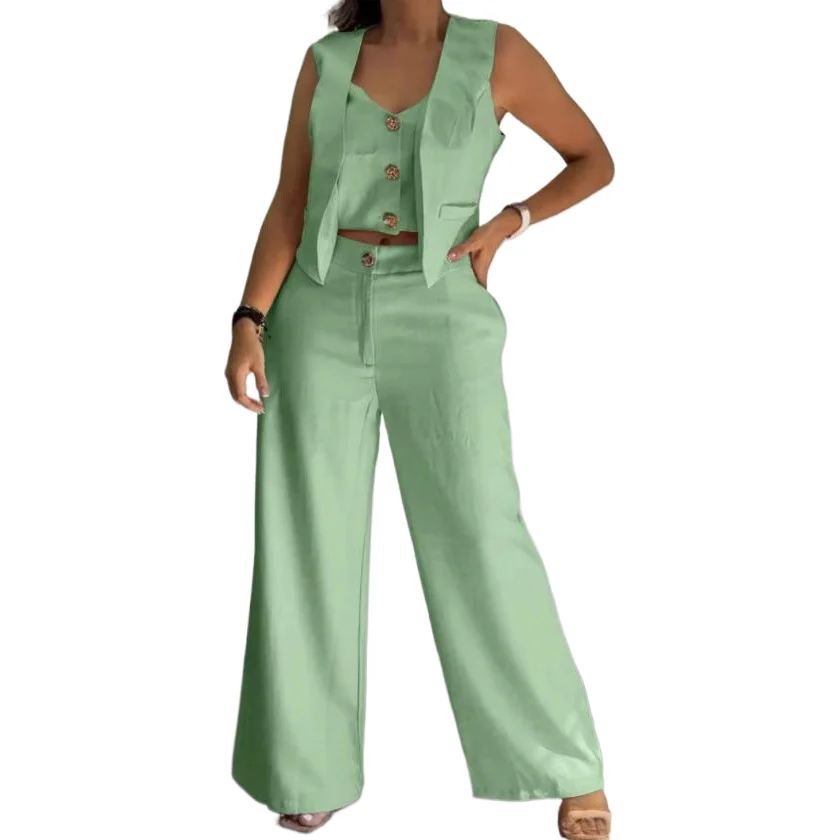 

Elegant Two Piece Set Fashion V-neck Single Breasted Spliced ​​vest High Waist Straight Trousers Set Office Lady Suit