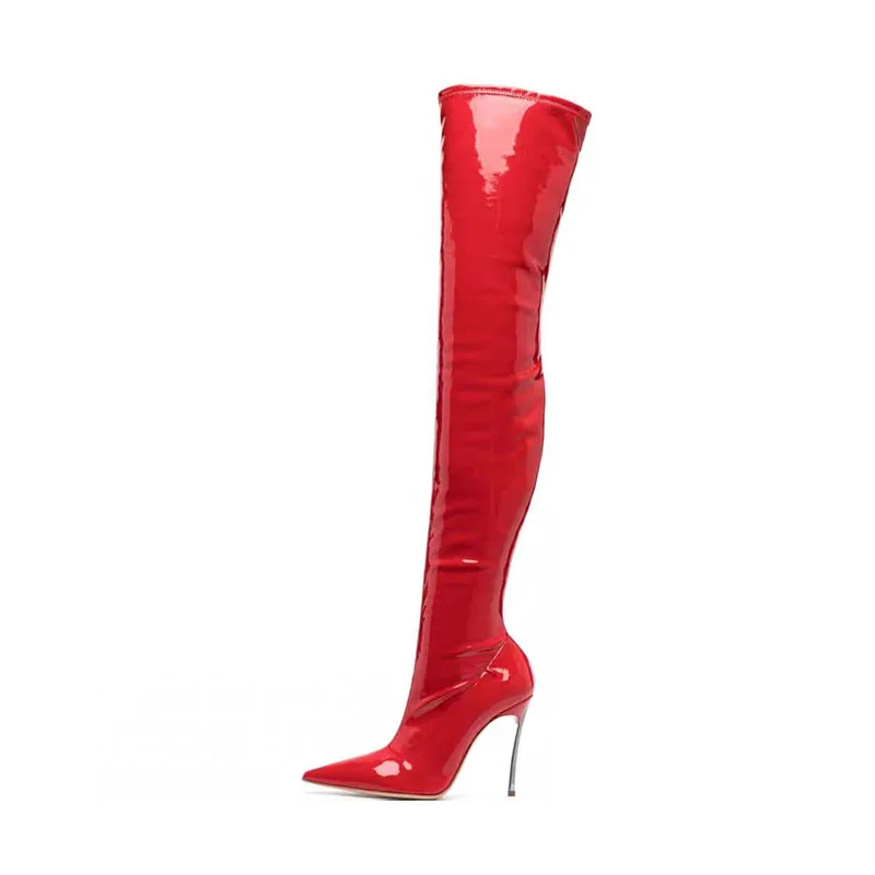 

Arden Furtado 2024 Red patent leather Metal heel Over the knee boots Pointed toe Patchwork Slip-on Super high heel Modern boots